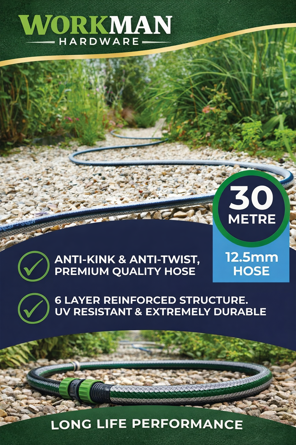 Workman 30m Garden Hose 12.5mm – Anti-Kink UV Resistant Heavy Duty